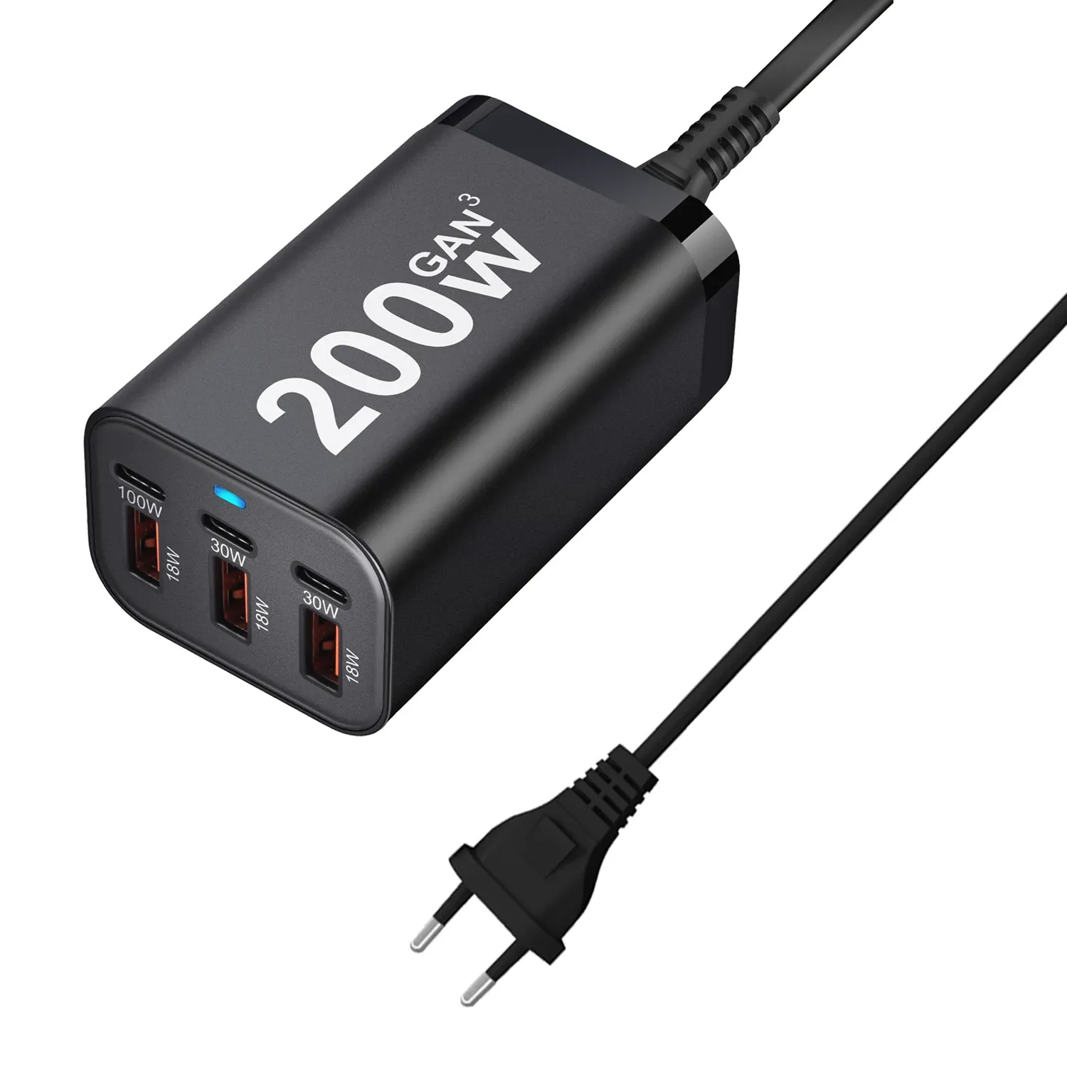 Chargeur USB-C rapide 200 W à 6 ports, technologie GaN, adaptateur secteur compatible iPhone 14/13/12 et Samsung Galaxy S23/S22/S21 10
