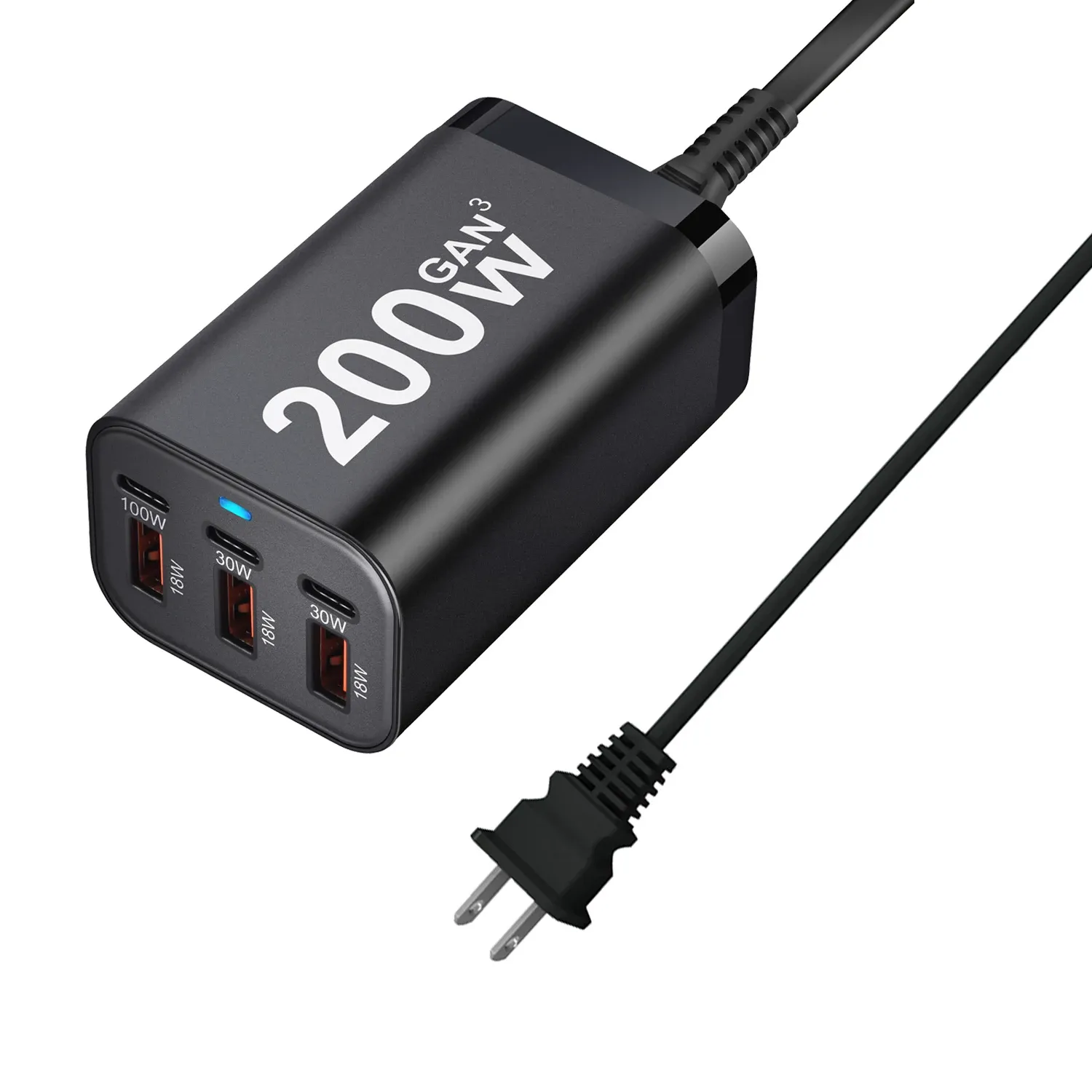 Chargeur USB-C rapide 200 W à 6 ports, technologie GaN, adaptateur secteur compatible iPhone 14/13/12 et Samsung Galaxy S23/S22/S21 11