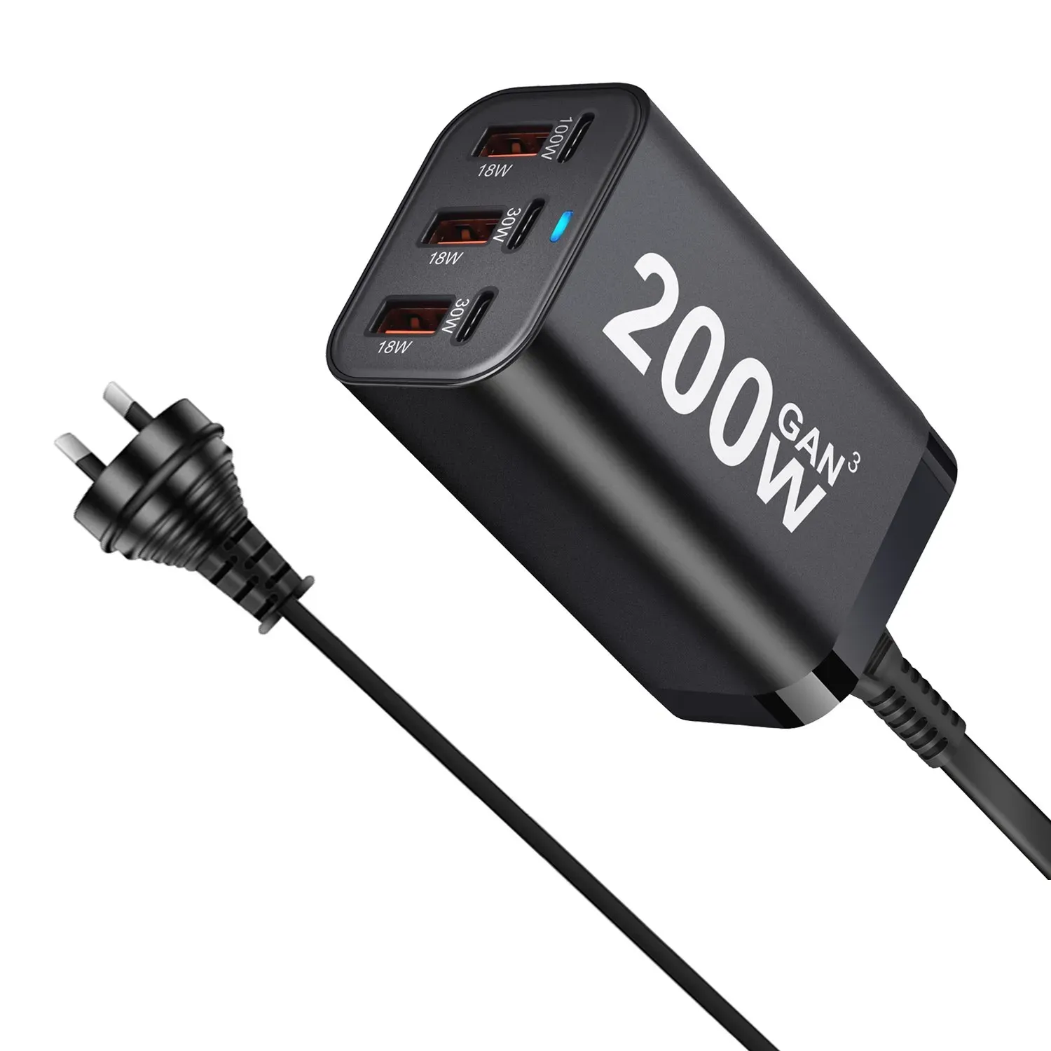 Chargeur USB-C rapide 200 W à 6 ports, technologie GaN, adaptateur secteur compatible iPhone 14/13/12 et Samsung Galaxy S23/S22/S21 8