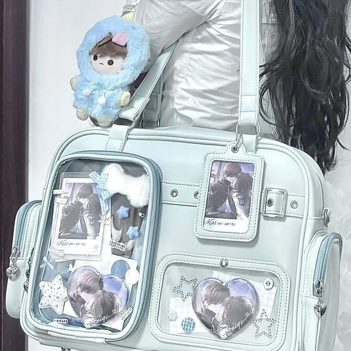 Sac à bandoulière Harajuku en cuir PU pour femme, grande capacité, style preppy chic, avec poupée à épingles 20 cm 2