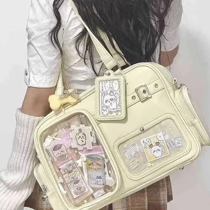 Sac à bandoulière Harajuku en cuir PU pour femme, grande capacité, style preppy chic, avec poupée à épingles 20 cm 12