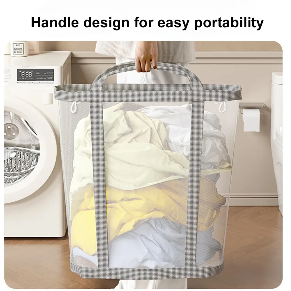 Panier à linge en maille nylon grande capacité avec poignée, respirant et pliable, portable, pour vêtements sales et rangement de jouets 3