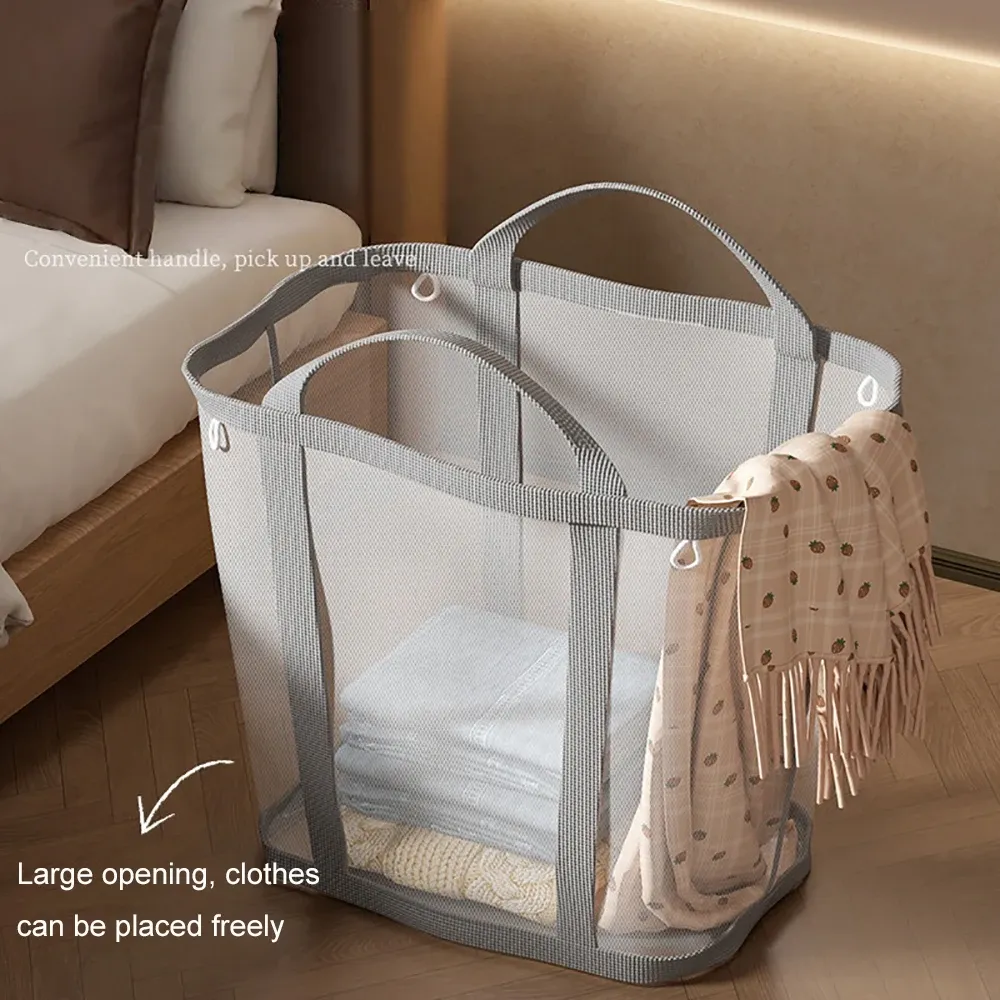 Panier à linge en maille nylon grande capacité avec poignée, respirant et pliable, portable, pour vêtements sales et rangement de jouets - Image 1