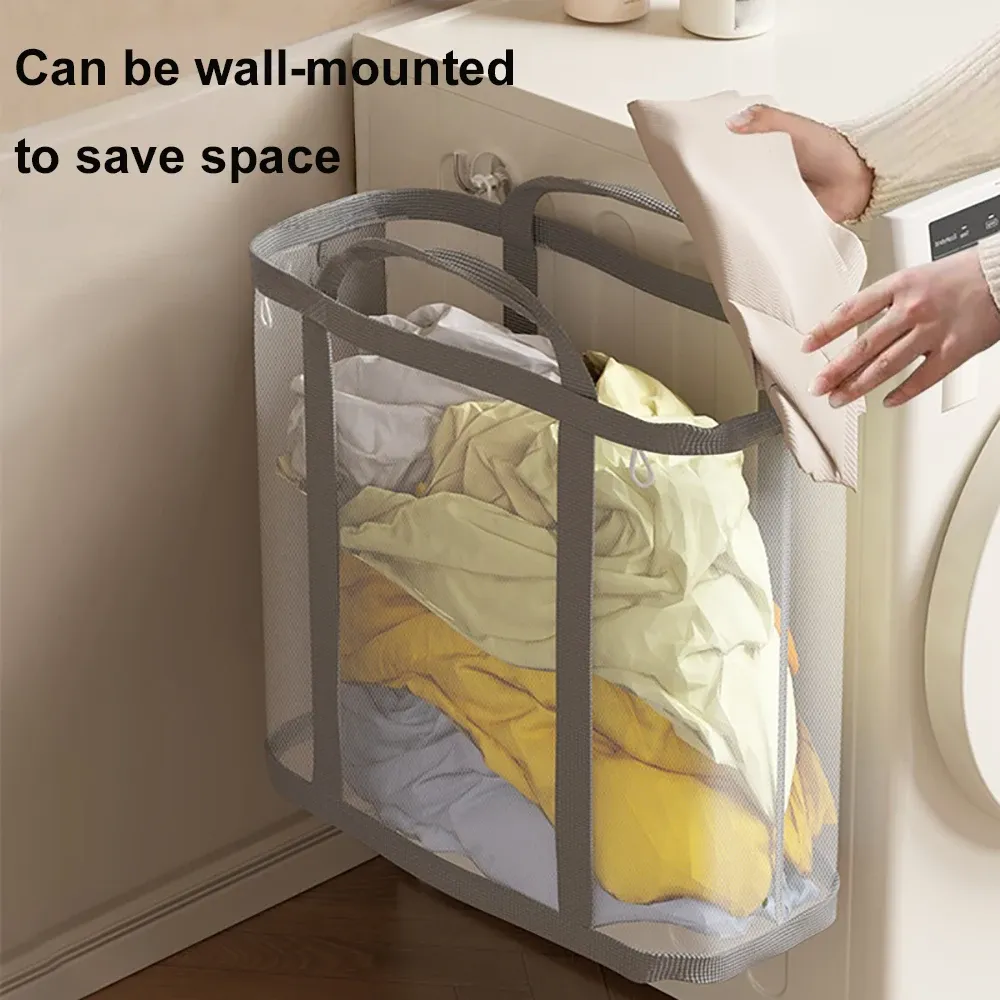 Panier à linge en maille nylon grande capacité avec poignée, respirant et pliable, portable, pour vêtements sales et rangement de jouets 4