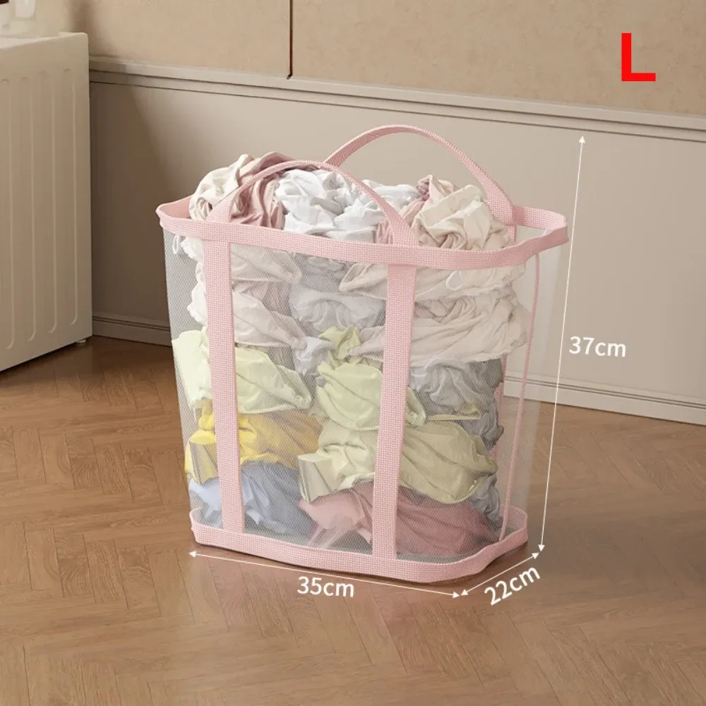 Panier à linge en maille nylon grande capacité avec poignée, respirant et pliable, portable, pour vêtements sales et rangement de jouets 7