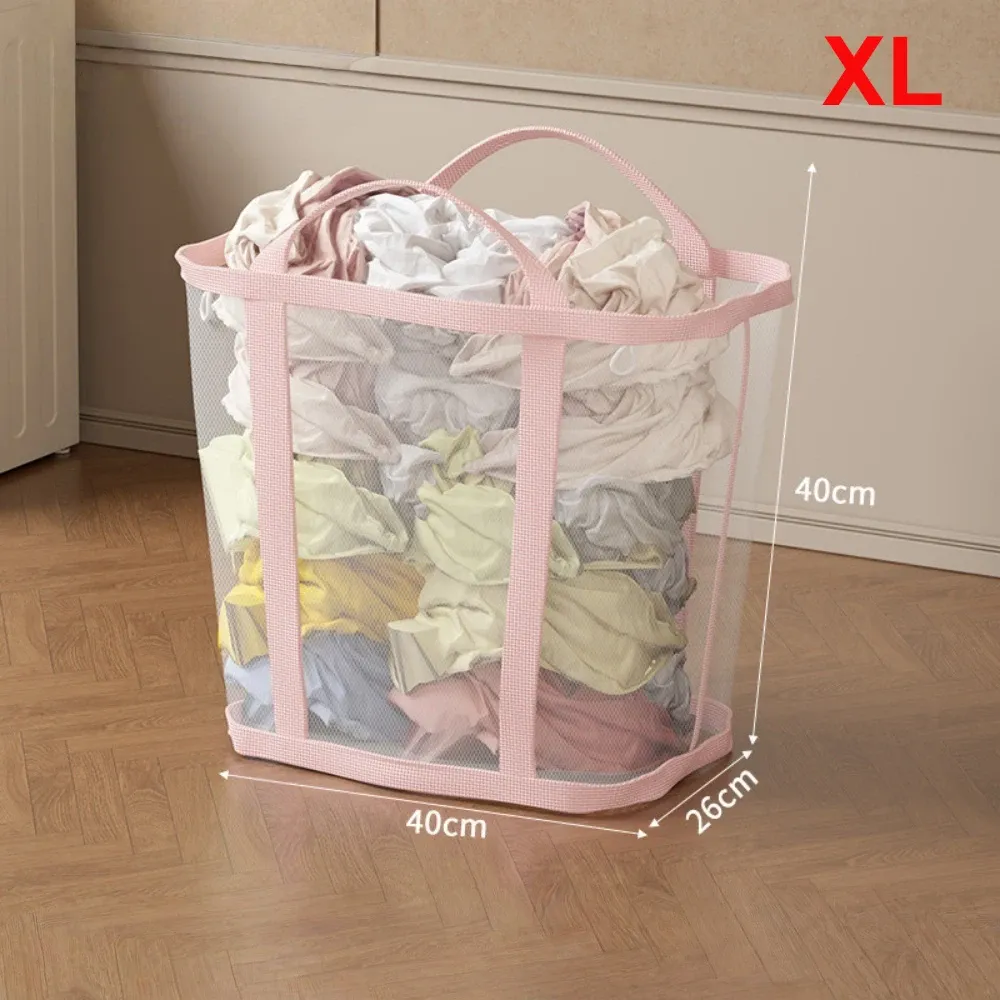 Panier à linge en maille nylon grande capacité avec poignée, respirant et pliable, portable, pour vêtements sales et rangement de jouets 10