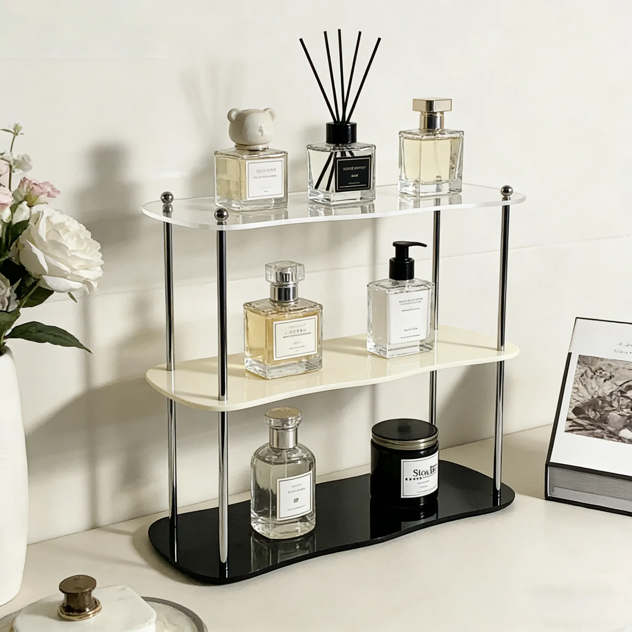Étagère de rangement en acrylique 2 à 3 niveaux, présentoir amovible pour maquillage, parfums et tasses | Étagère cosmétique de bureau 5