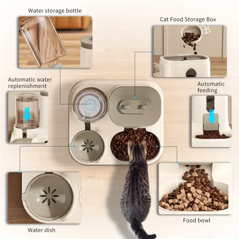 Distributeur automatique de nourriture pour chats avec fontaine à eau intégrée et design anti-déversement pour chats et chiens de toutes tailles 3