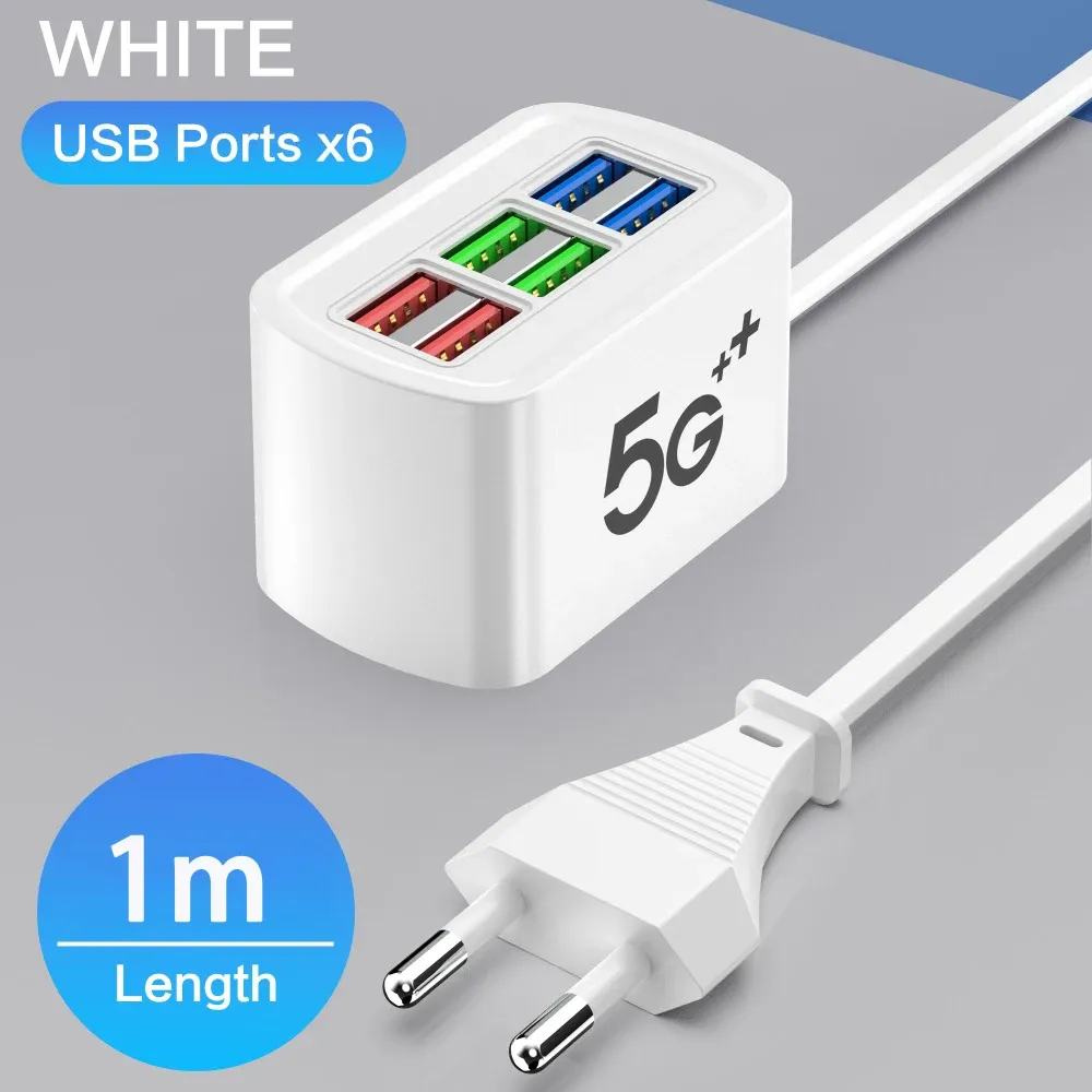 Chargeur USB rapide 6 en 1 avec multiprise, station de charge de bureau, câble 1 m et hub USB, compatible iPhone 16