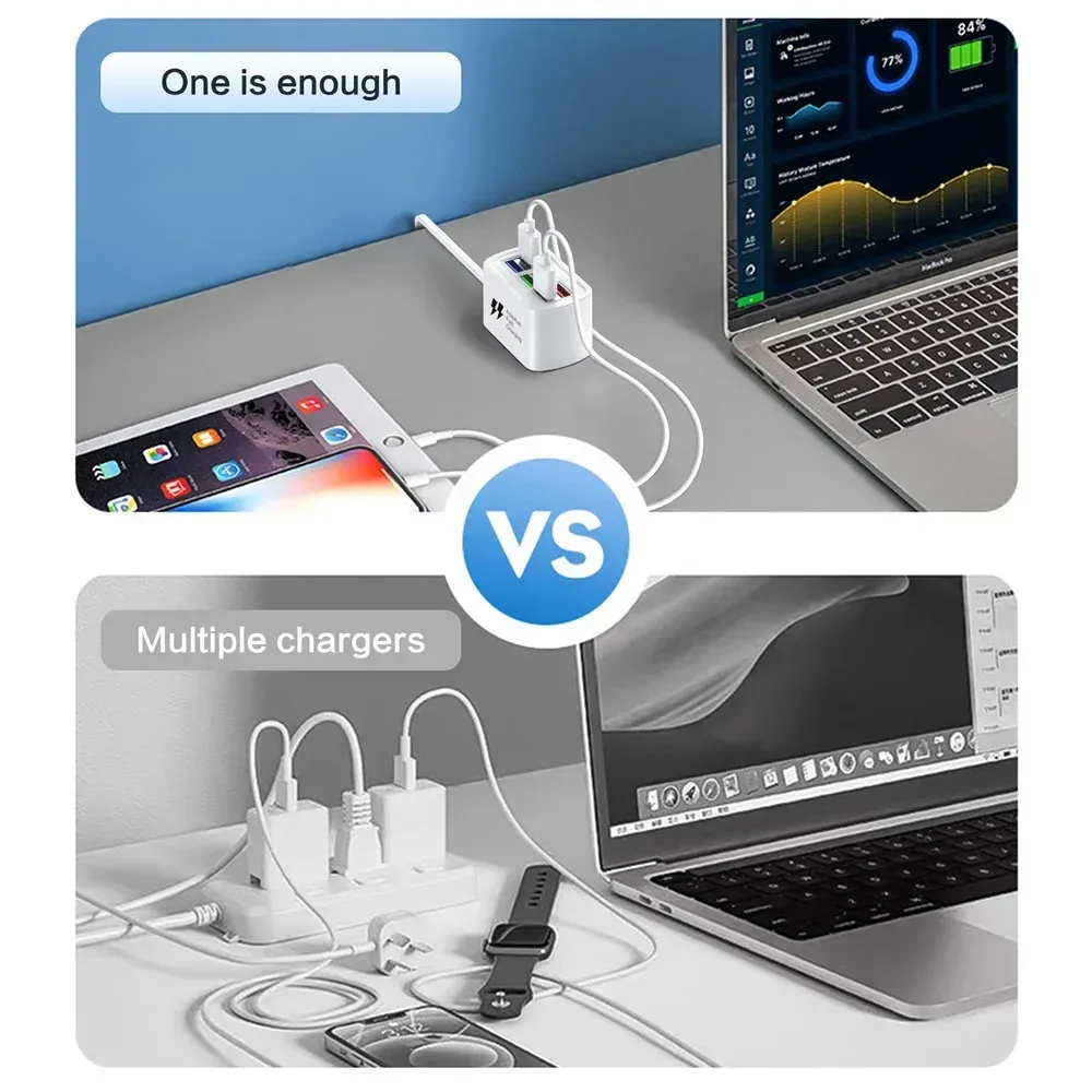 Chargeur USB rapide 6 en 1 avec multiprise, station de charge de bureau, câble 1 m et hub USB, compatible iPhone 16 3
