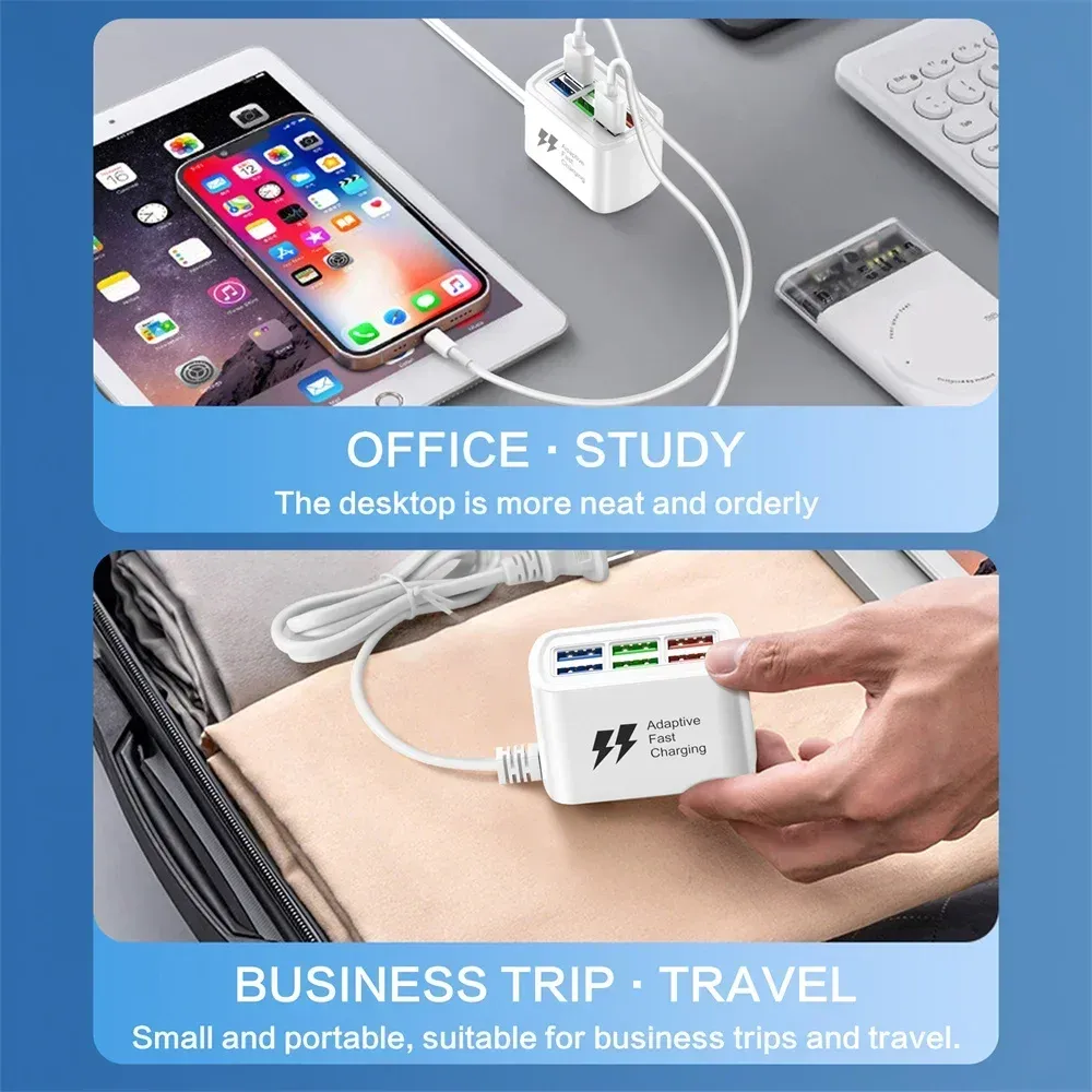 Chargeur USB rapide 6 en 1 avec multiprise, station de charge de bureau, câble 1 m et hub USB, compatible iPhone 16 6