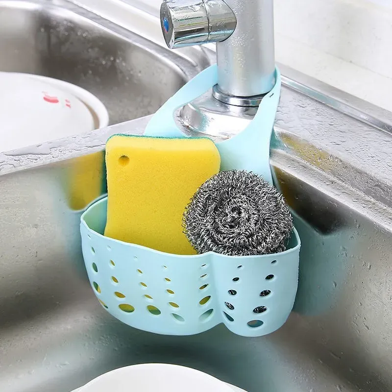 Organiseur d'évier de cuisine à double étage avec support suspendu pour éponge et savon, accessoires de panier de vidange en silicone 2