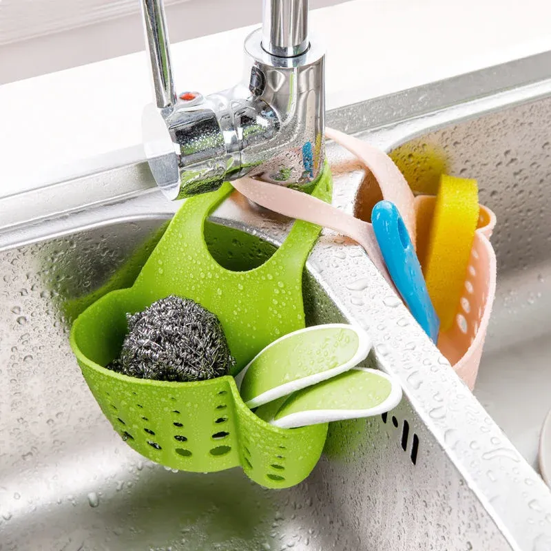 Organiseur d'évier de cuisine à double étage avec support suspendu pour éponge et savon, accessoires de panier de vidange en silicone 4