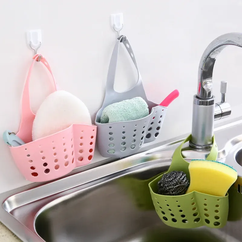 Organiseur d'évier de cuisine à double étage avec support suspendu pour éponge et savon, accessoires de panier de vidange en silicone 6