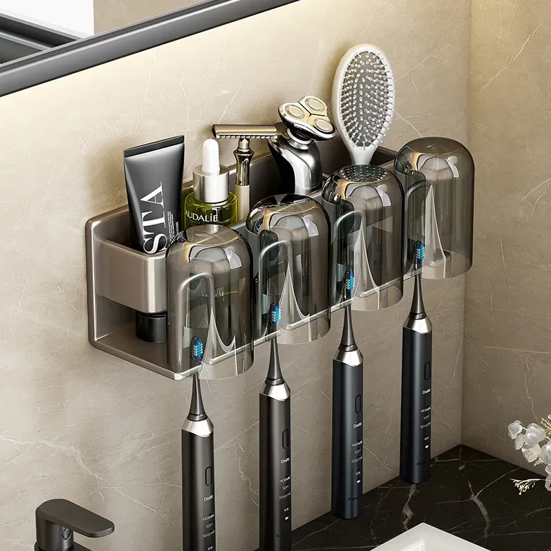 Porte-brosse à dents mural en alliage d'aluminium avec support pour dentifrice, sans perçage