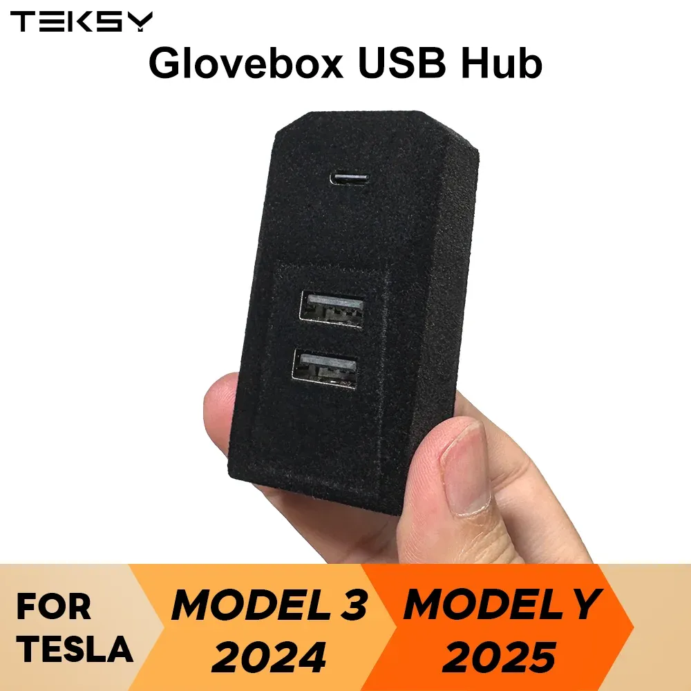Hub USB TEKSY pour boîte à gants Tesla compatible Model Y 2026 et Model 3 Highland 2025, avec port USB-C, affichage numérique, répartiteur et station d'accueil 4