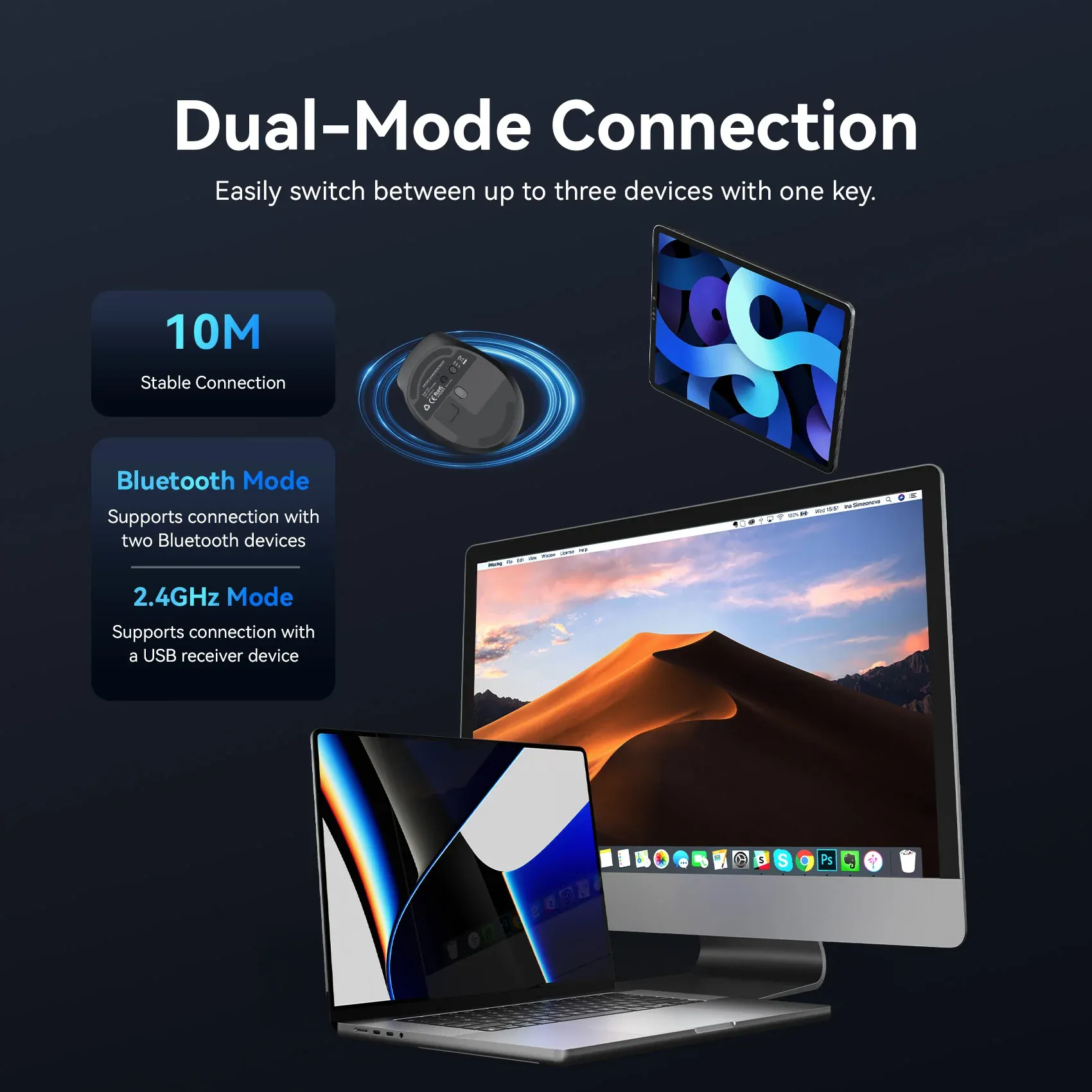 Souris sans fil Vention Bluetooth 5.1 et USB 2.4 GHz à double mode, ergonomique, 4000 DPI, silencieuse, 6 boutons, compatible MacBook, tablette et ordinateur portable 3