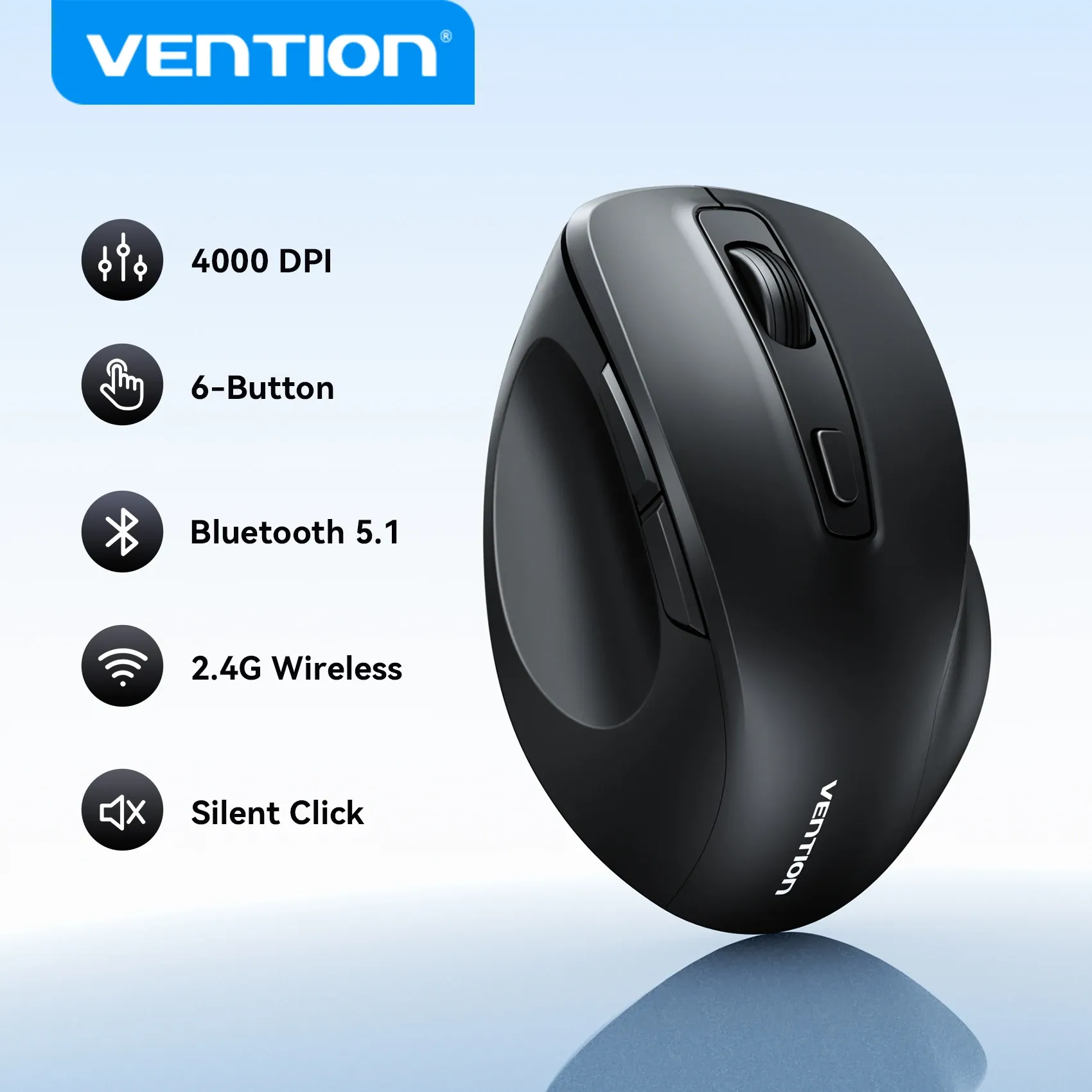 Souris sans fil Vention Bluetooth 5.1 et USB 2.4 GHz à double mode, ergonomique, 4000 DPI, silencieuse, 6 boutons, compatible MacBook, tablette et ordinateur portable