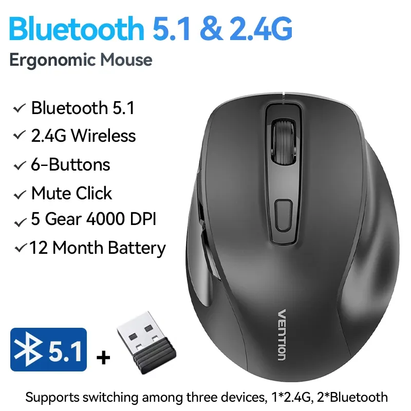 Souris sans fil Vention Bluetooth 5.1 et USB 2.4 GHz à double mode, ergonomique, 4000 DPI, silencieuse, 6 boutons, compatible MacBook, tablette et ordinateur portable 8