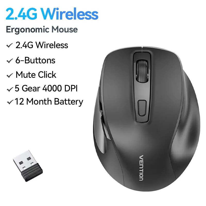 Souris sans fil Vention Bluetooth 5.1 et USB 2.4 GHz à double mode, ergonomique, 4000 DPI, silencieuse, 6 boutons, compatible MacBook, tablette et ordinateur portable 7