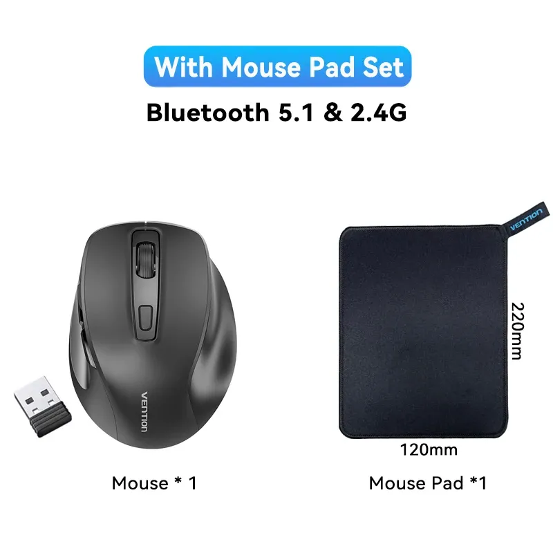 Souris sans fil Vention Bluetooth 5.1 et USB 2.4 GHz à double mode, ergonomique, 4000 DPI, silencieuse, 6 boutons, compatible MacBook, tablette et ordinateur portable 9