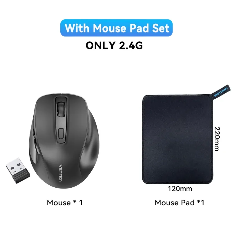 Souris sans fil Vention Bluetooth 5.1 et USB 2.4 GHz à double mode, ergonomique, 4000 DPI, silencieuse, 6 boutons, compatible MacBook, tablette et ordinateur portable 10
