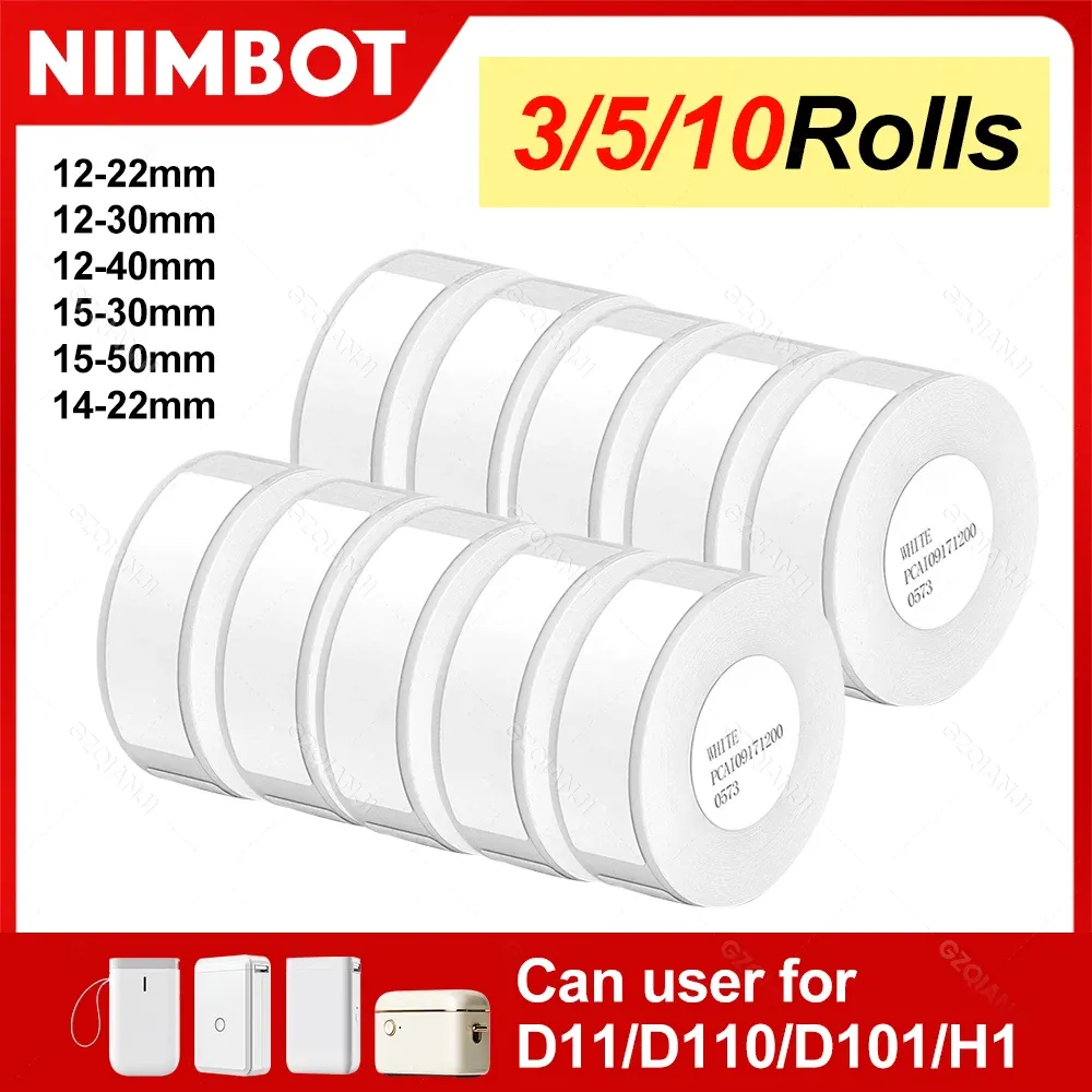 NiiMBOT D101 D11 D110 Étiquettes thermiques autocollantes blanches en papier adhésif imperméable, lot de 3, 5 ou 10 rouleaux, compatibles imprimante officielle - Image 1