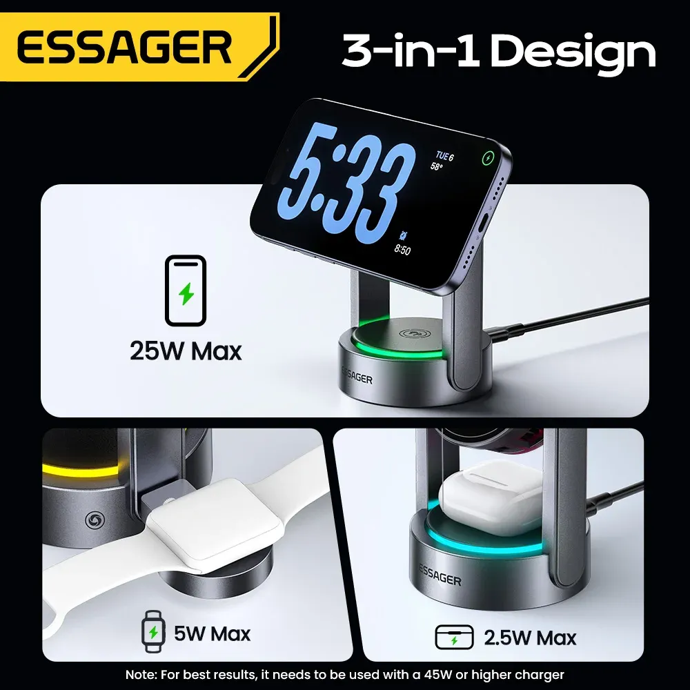 Chargeur magnétique sans fil 3-en-1 Essager Qi2.2 25 W pour iPhone 17 et iPhone 16 Pro Max 3