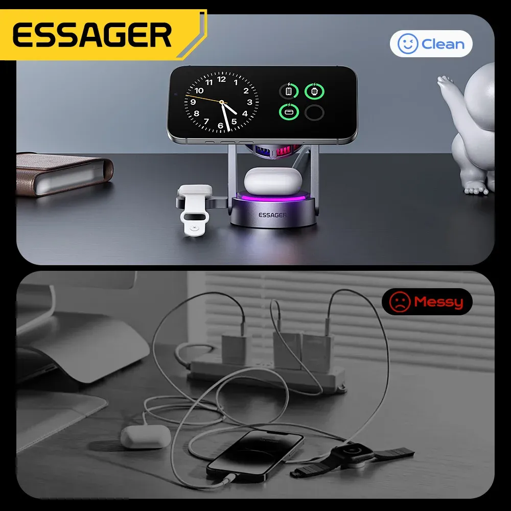 Chargeur magnétique sans fil 3-en-1 Essager Qi2.2 25 W pour iPhone 17 et iPhone 16 Pro Max 4