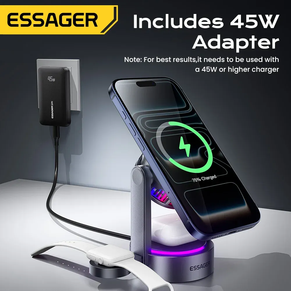 Chargeur magnétique sans fil 3-en-1 Essager Qi2.2 25 W pour iPhone 17 et iPhone 16 Pro Max 5