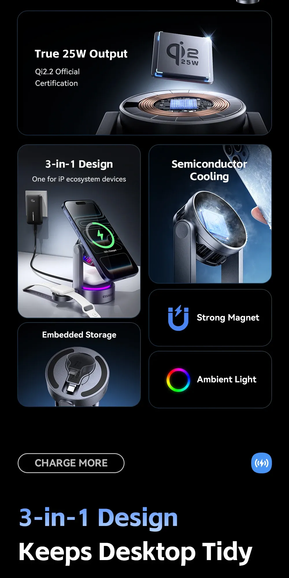 Chargeur sans fil magnétique 3-en-1 détails du design