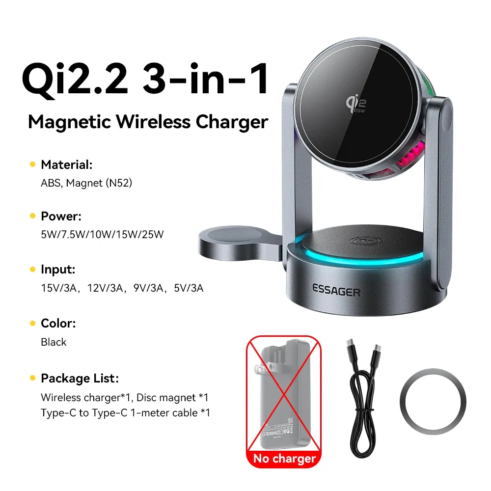 Chargeur magnétique sans fil 3-en-1 Essager Qi2.2 25 W pour iPhone 17 et iPhone 16 Pro Max 7