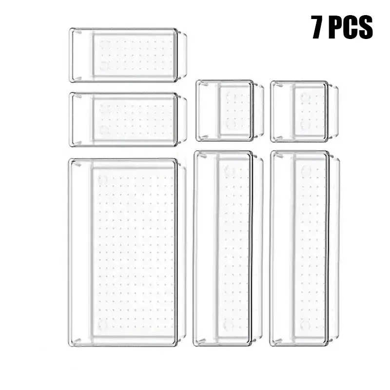 Ensemble d'organisateurs de tiroirs polyvalents de 7 ou 14 pièces – Plateaux et séparateurs en plastique transparent en 4 tailles pour un rangement impeccable du maquillage et de la cuisine