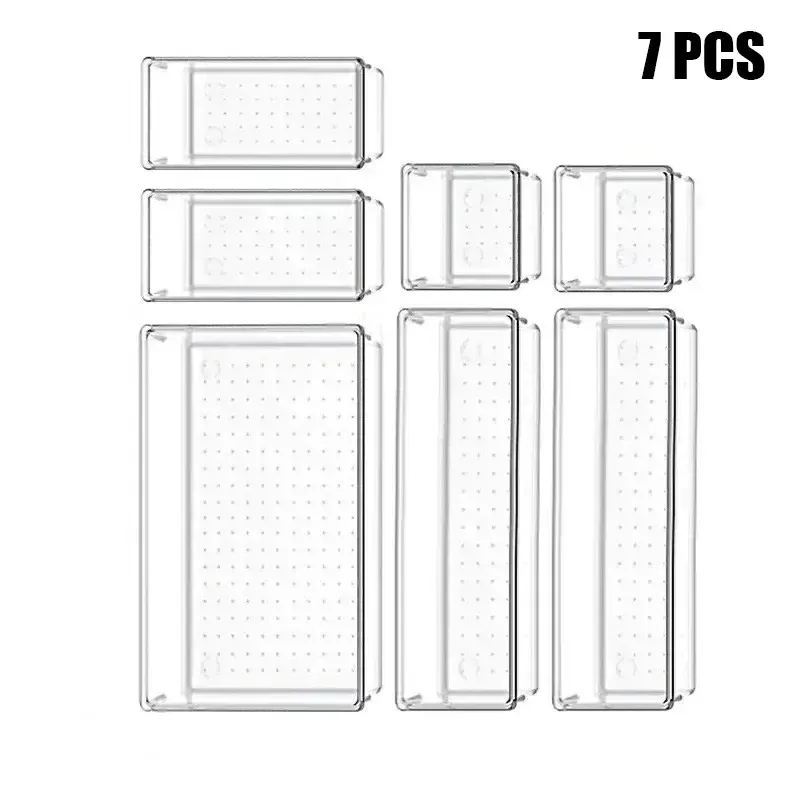 Ensemble d'organisateurs de tiroirs polyvalents de 7 ou 14 pièces – Plateaux et séparateurs en plastique transparent en 4 tailles pour un rangement impeccable du maquillage et de la cuisine 8