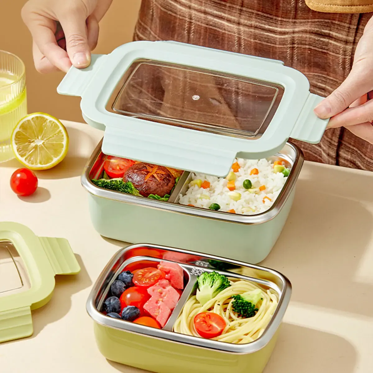 Boîte à déjeuner en acier inoxydable 304 à compartiments, empilable et étanche 3