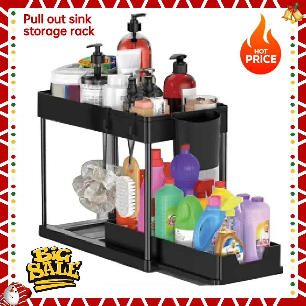 Organisateur sous évier à 2 niveaux, 1 pièce, panier coulissant pour armoire, étagère de rangement avec crochets, support suspendu pour tasses, organisateur pour salle de bain et cuisine