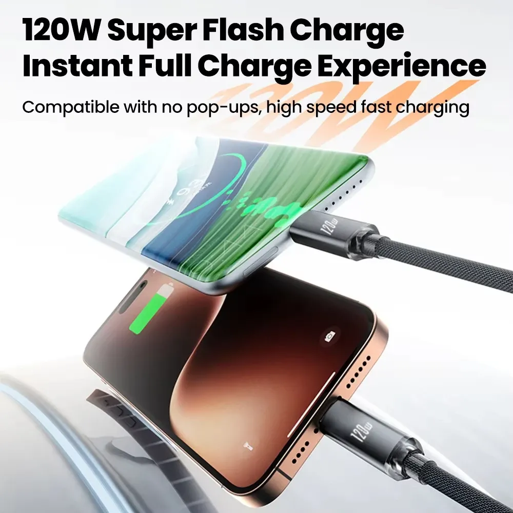 Câble de charge rapide USB-C vers USB-C 120 W pour voiture, compatible iPhone 16 et 17, avec câble télescopique USB-A vers USB-C pour Samsung, Xiaomi et Huawei 2
