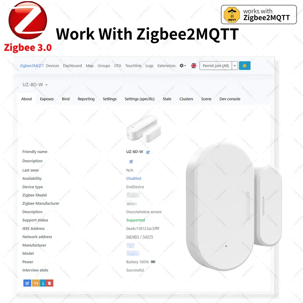 Capteur de porte/fenêtre Zigbee 3.0 UZ-5D compatible SmartLife, fonctionne avec Yandex Alexa, Zigbee2MQTT, ZHA, Home Assistant 2