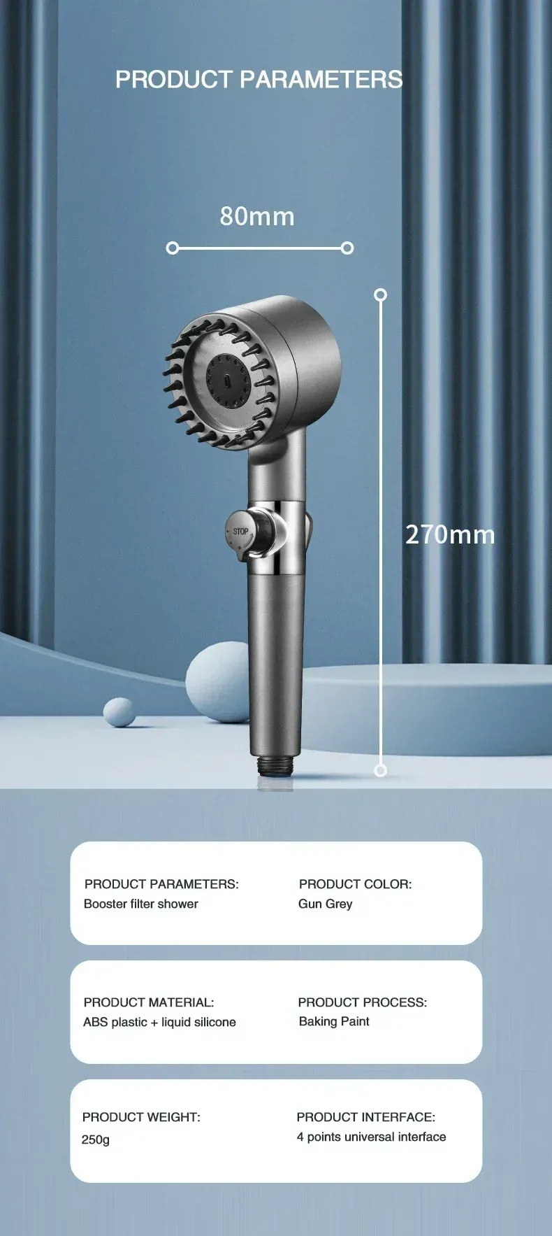 Pommeau de douche à filtre haute pression, vue de présentation