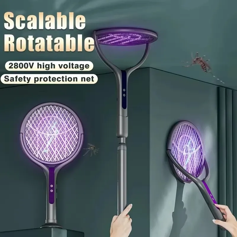 Raquette anti-moustiques électrique télescopique à maille rotative, rechargeable par USB