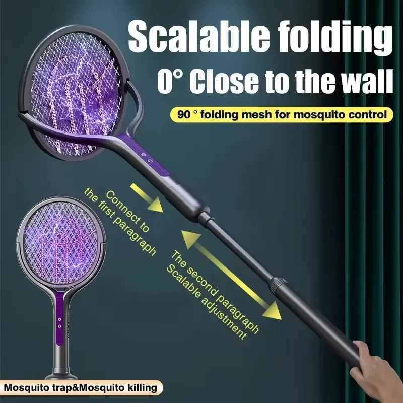 Raquette anti-moustiques électrique télescopique à maille rotative, rechargeable par USB 2