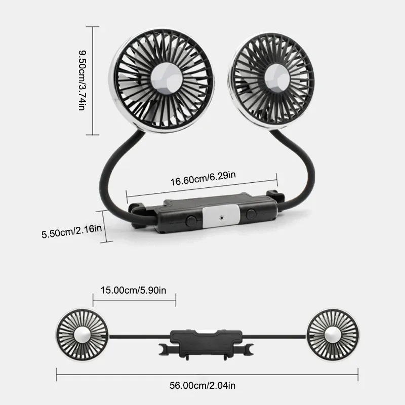 Ventilateur de voiture SEAMETAL à double tête orientable à 360°, silencieux, alimentation USB-C pour tableau de bord, camping-car et camion 5
