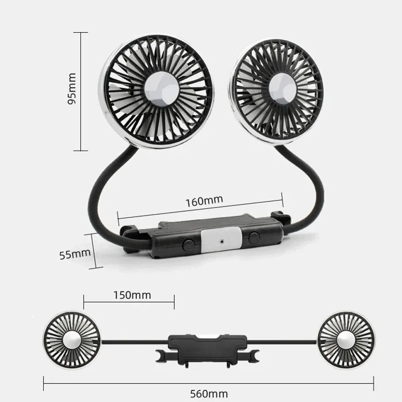 Ventilateur de voiture SEAMETAL à double tête orientable à 360°, silencieux, alimentation USB-C pour tableau de bord, camping-car et camion 7