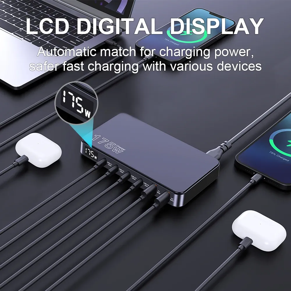 Chargeur GaN 175 W USB-C à affichage LED, 6 ports, chargeur de bureau Type-C PD 100 W, PPS 45 W, charge rapide pour MacBook, Samsung et iPhone 2