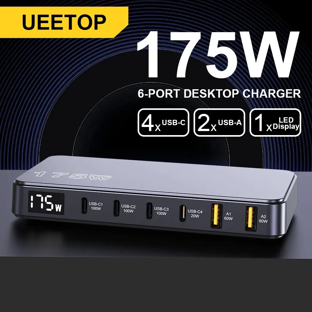 Chargeur GaN 175 W USB-C à affichage LED, 6 ports, chargeur de bureau Type-C PD 100 W, PPS 45 W, charge rapide pour MacBook, Samsung et iPhone - Image 1