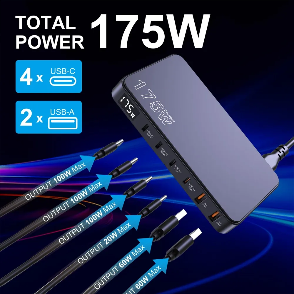 Chargeur GaN 175 W USB-C à affichage LED, 6 ports, chargeur de bureau Type-C PD 100 W, PPS 45 W, charge rapide pour MacBook, Samsung et iPhone 3