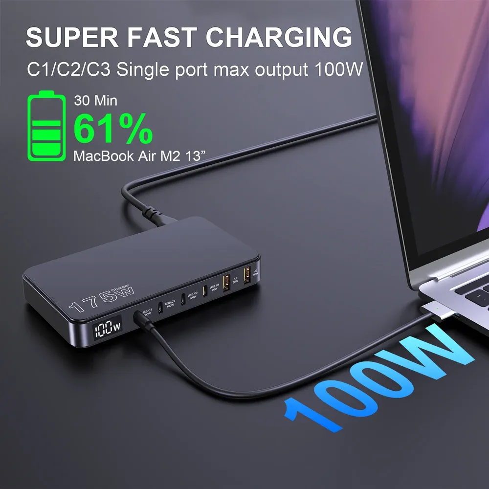 Chargeur GaN 175 W USB-C à affichage LED, 6 ports, chargeur de bureau Type-C PD 100 W, PPS 45 W, charge rapide pour MacBook, Samsung et iPhone 4