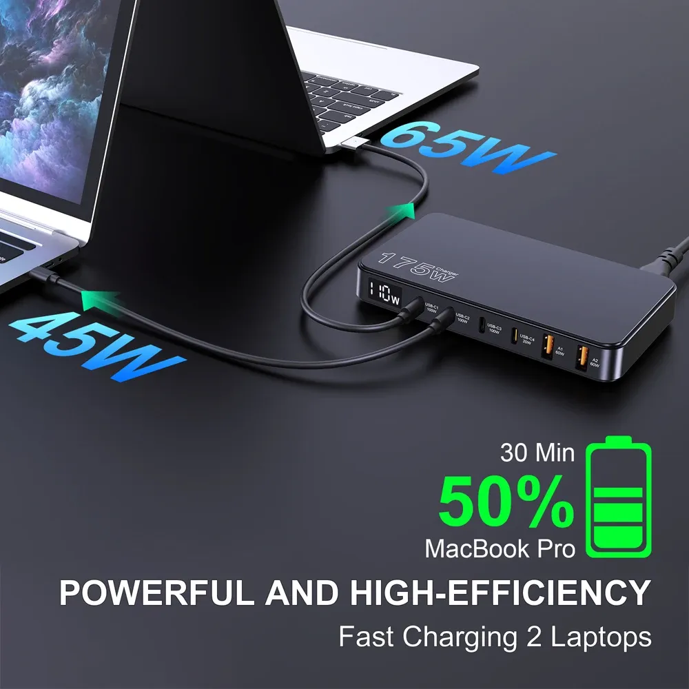 Chargeur GaN 175 W USB-C à affichage LED, 6 ports, chargeur de bureau Type-C PD 100 W, PPS 45 W, charge rapide pour MacBook, Samsung et iPhone 5