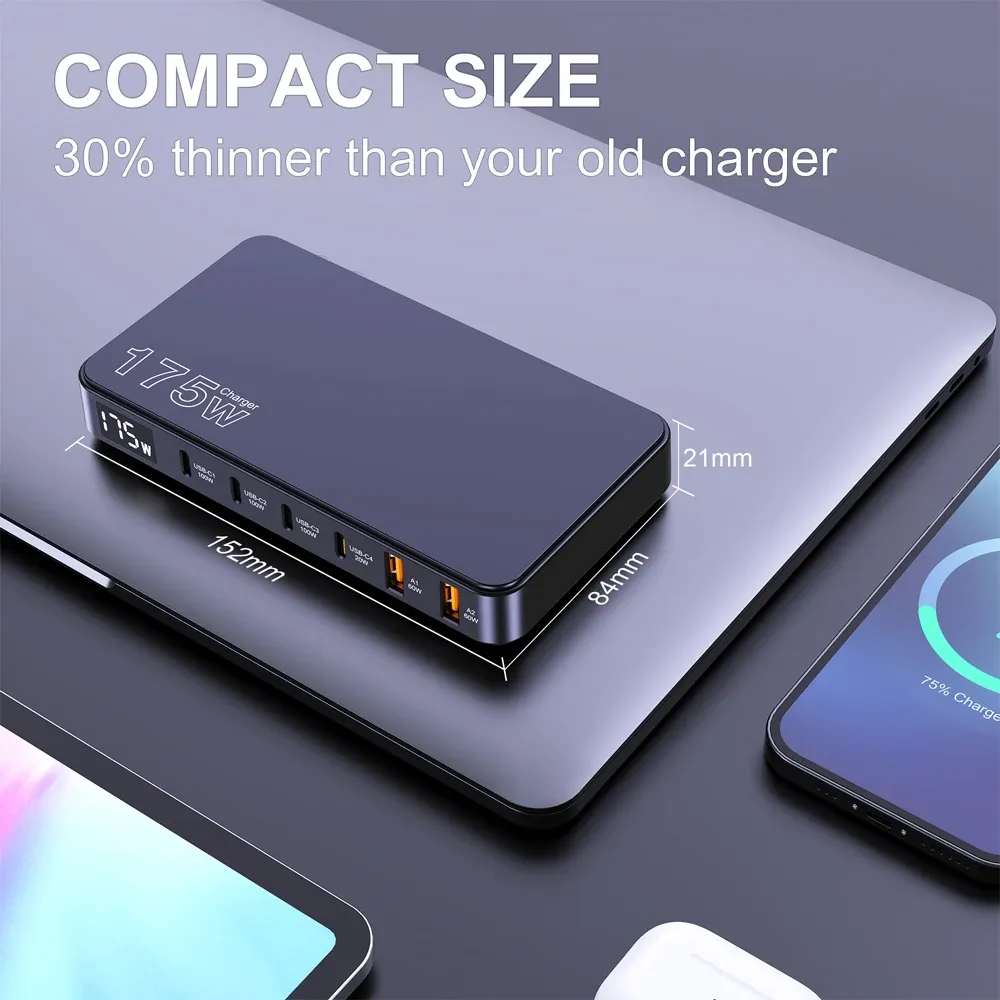 Chargeur GaN 175 W USB-C à affichage LED, 6 ports, chargeur de bureau Type-C PD 100 W, PPS 45 W, charge rapide pour MacBook, Samsung et iPhone 6