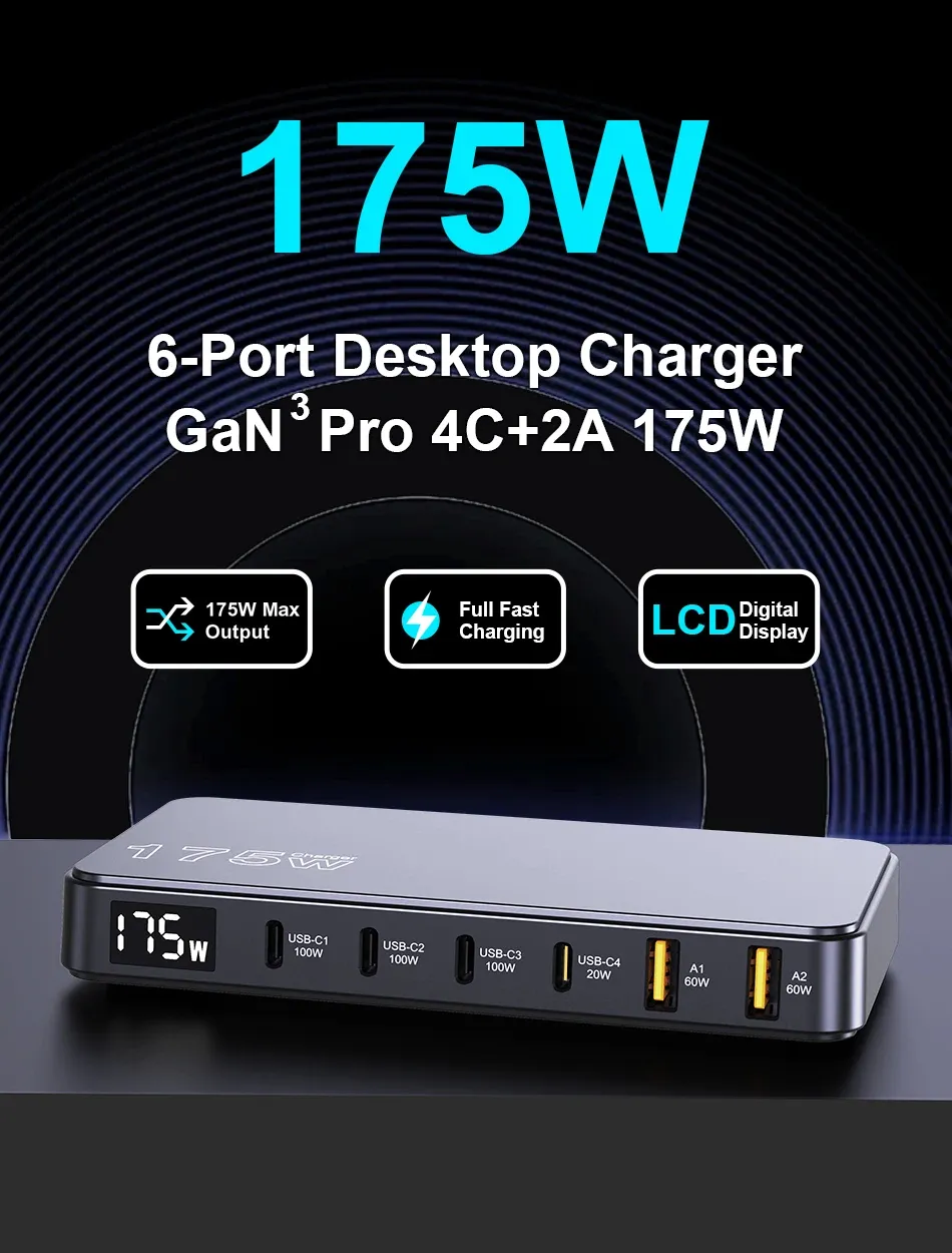 Chargeur USB-C GaN 175 W avec écran LED